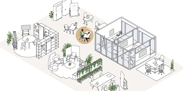 a hybrid office design of interconnected spaces